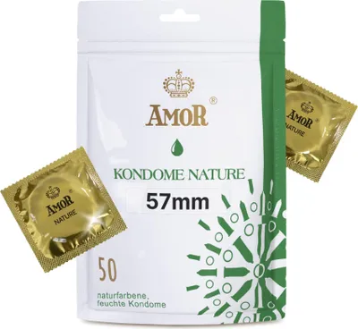 Obrázok produktu pre AMOR NATURE 57 mm kondómy, balenie po 50 kusoch | Prémiové kondómy v prírodnej farbe | Hrúbka steny 0,07 mm