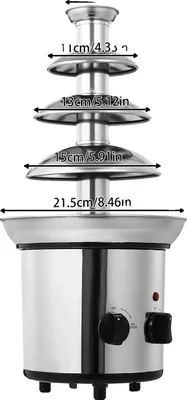 A stainless steel chocolate fountain with size measurements indicated.