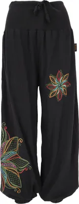 Produktbild von Weite Pluderhose mit Breitem Bund, Blumenstickerei - Schwarz, Damen, Baumwolle, Größe: S/M
