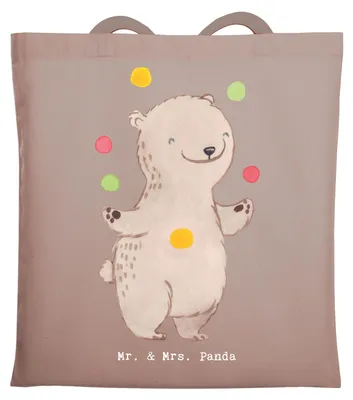 Produktbild von Mr. & Mrs. Panda Einkaufstasche Bär Jonglieren - Braun Pastell - Geschenk, Laptoptasche, Tasche, Tote Bag, Schultasche, Jongleur, Jutebeutel, Artistik, Zirkus