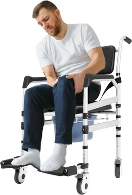 Produktbild von Duschstuhl für Senioren, Toilettenstuhl mit Rollen, Höhenverstellbar, Duschstuhl für Behinderte, Duschrollstuhl bis 160kg Fahrbar Nursing Chair, Duschsitz mit Bidet und Kissen für Krankenhäusern