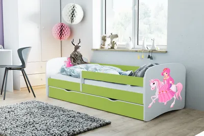 Produktbild von Kinderbett Jugendbett 70x140 cm Grün mit Matratze Rausfallschutz Schublade und Lattenrost Kinderbetten für Mädchen und Junge - Prinzessin auf dem Pony