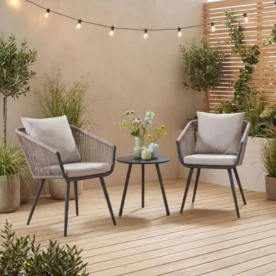 Image de Ensemble de meubles de jardin 'Abriola' 3 pièces avec coussins Structure métallique corde tressée Gris