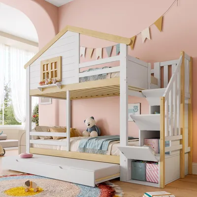 A child's bedroom with a bunk bed.