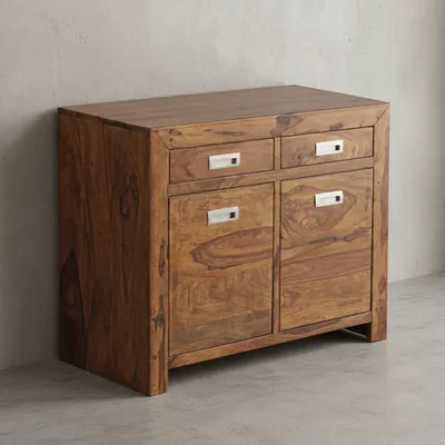 Massivholz Sideboard aus Sheesham_ 90 cm_ mit 2 Türen und Schubladen_ viel Stauraum_ ideal für Flur oder Wohnzimmer_ handgefertigt - KADIMA DESIGN_Größe_ 90x40x70 cm_#sku_BARWL1.316#