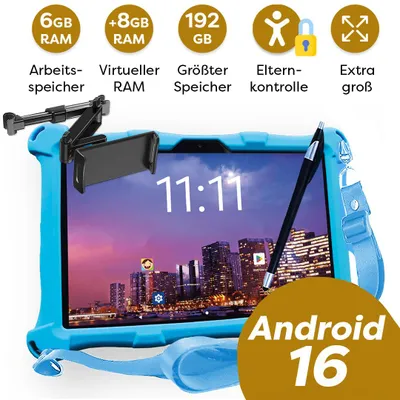 Produktbild von AngelTech Kindertablet XL PRO II - Android 16 - Blau mit Tablet-Halterung