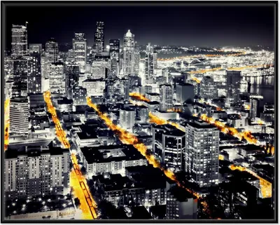 Produktbild von Wallario Wandbild Großstadt bei Nacht - Seattle in schwarz weiß gelb, Größe: 40,30 x 50,30 cm, Poster mit schwarzem Aluminiumrahmen