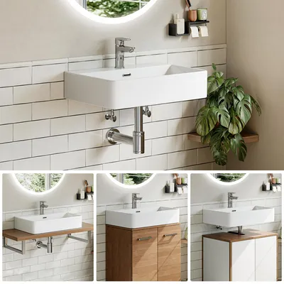 Produktbild von HOROW 60 cm Waschbecken Wandmontage Waschtisch Keramik Hängewaschbecken Rechteckig Aufsatzwaschbecken mit Hahnloch und Überlauf für Klein Gäste WC