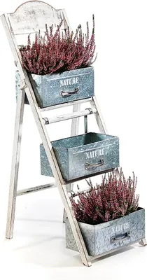 Zdjęcie produktu dla Kobolo Drabina Kwiatowa Schody Kwiatowe - trzypoziomowe szuflady składane - Vintage - Biały Szary - Drabina Roślinna Książki Salon Pokój dzienny Home Deco