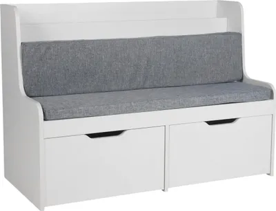 Immagine prodotto di Panchina per bambini Relaxdays con vano portaoggetti, A x L x P: 70 x 100 x 45 cm, panca da lettura, 2 cassetti, ripiano per libri, cuscino di seduta, bianco/grigio