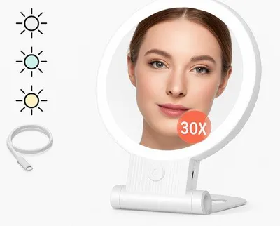 Obrázok produktu pre Zrkadlo 30x, zväčšovacie, osvetlené, dobíjateľné, skladacie