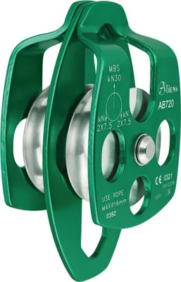 BIG DOUBLE PULLEY OPEN Umlenkrolle von Aliens; grün; aus Aluminium; für Klettern und Abseilen; maximale Seilstärke 16 mm.