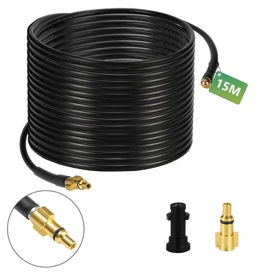 Immagine prodotto di Set di tubi per la pulizia delle tubature Eikuavons, pulitore per scarichi, 15 metri, 180 bar, accessori per idropulitrice con adattatore M22, 4 ugelli a ritorno, per tubi di scarico e grondaie