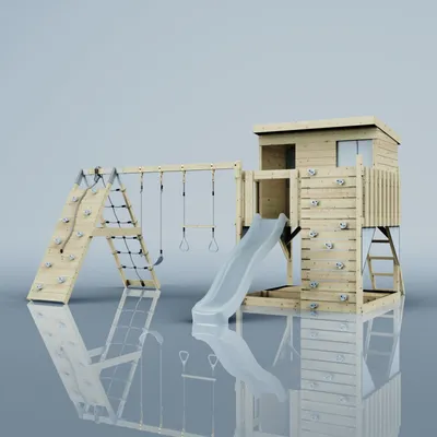 Produktbild von OutdoorToys Spielturm Aksel aus Holz in Blau Eisblau, mit Trapezstange