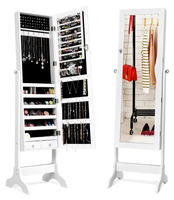Produktbild von Abschließbarer Schmuckschrank mit Spiegel, Schmuckregal für Ringe, Kettenhaken, Ohrringe und Kosmetik, freistehend, weiß