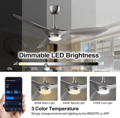 Immagine prodotto di ventilatore da soffitto reiga 132 cm, colore argento, con luce LED dimmerabile, telecomando, pale moderne, motore DC reversibile, 6 velocità, timer