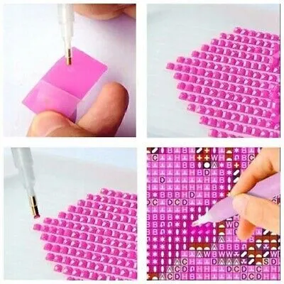A collage of four images showing the process of creating a diamond painting.