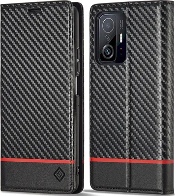 Image de Etui pour Xiaomi 11T / 11T Pro Etui en cuir carbone avec porte-cartes, aimant et support Noir Horizontal Rouge