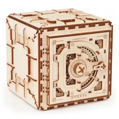 A 3D wooden puzzle shaped like a safe, shown from a three-quarter angle against a white background.