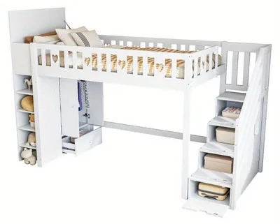 Productafbeelding van Hoogslaper 90x200 cm - Ruimtebesparend Stapelbed en Loftbed in Wit - Inclusief Opbergladder en Planken