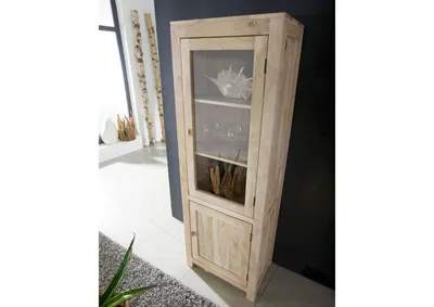 Produktbild von MASSIVMOEBEL24 Vitrine Akazie 65x42x190 white stone getüncht  NATURE WHITE #53