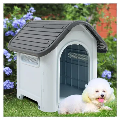 Produktbild von Hundehütte Outdoor Bello wetterfest mit Lüftungsschlitzen 75 x 59 x 66 cm Kleintierhaus erhöhter Boden Kunststoff Weiß/Grau