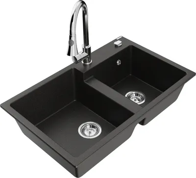 Produktbild von Mexen Tomas 2-Becken-Granitspüle mit Mischbatterie Elia, Schwarz/Gold metallisch - 6516-75-670101-00