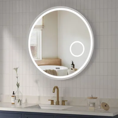Produktbild von Runder Spiegel Wandspiegel LED Badezimmerspiegel Bad LED Dekorspiegel Dimmbare Badspiegel mit Mattweißer Aluminiumrahmen Antibeschlag 3-facher Vergrößerung