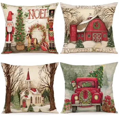 Produktbild von Set mit 4 weihnachtlichen Leinenkissenbezügen, 45x45 cm, für Sofa, Schlafzimmer und Sessel.