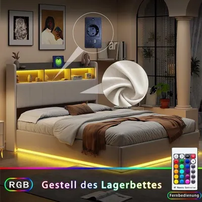Immagine prodotto di Letto matrimoniale imbottito 140x200 cm - Letto con sistema di sollevamento idraulico, testiera con LED e prese USB