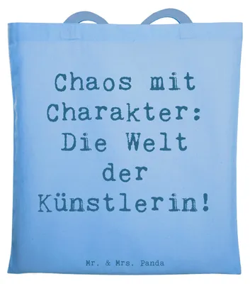 Produktbild von Mr. & Mrs. Panda Jutebeutel Spruch Künstlerin Chaos - Sky Blue - Geschenk, Beruf, Geschenke mit Herz, Uni Tasche, Tote Bag, Kreativität, Einkaufstasche, Kunstschaffende