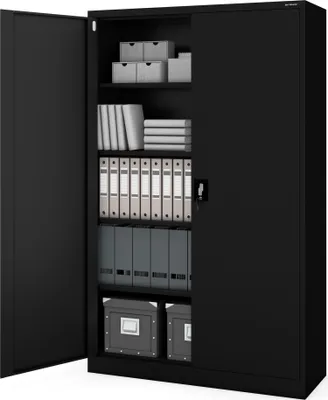 An open black metal filing cabinet filled with office supplies.