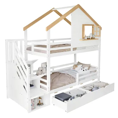 Produktbild von Etagenbett mit 2 Schlafgelegenheiten und Stauraum, 90x200 cm, Kinderbett mit Rausfallschutz und Treppe, Kiefer