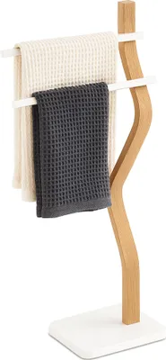 Obrázok produktu pre Stojan na uteráky Relaxdays, VxŠxH: 86 x 37 x 18 cm, kov, drevo, 2 tyče, stojan na uteráky, kúpeľňa, biela/prírodná