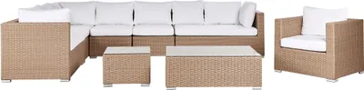 Produktbild von BELIANI Gartenmöbel Set Sandbeige Rattan u. Aluminium Modular mit 2 Couchtischen Mehrere Kissen Cremeweiß 8-Sitzer Lounge Set Terrasse Outdoor Modern