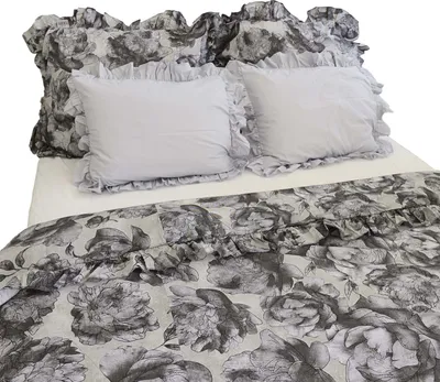 Obrázok produktu pre Posteľná Bielizeň Bavlnené Obliečky 160X200 Cm + 4 Na Vankúše S Volánom Spálňová Súprava Obliečka Sivé Kvety