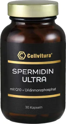 Produktbild von Cellvitura Spermidin Ultra – Spermidin Kapseln mit Coenzym Q10, Weizenkeimen & Uridinmonophosphat | fermentiert & ohne unnötige Zusätze | 30 Kapseln – 1 Monat Vorrat
