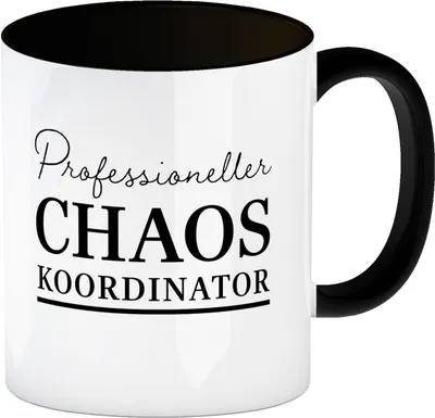 Produktbild von Chef Kaffeebecher in schwarz mit Spruch Professioneller Chaos Koordinator