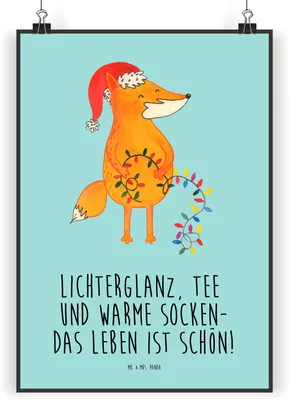 Produktbild von Mr. & Mrs. Panda Bild Fuchs Weihnachten DIN A3 - Türkis Pastell - Geschenk, Füchse, Wandbild, Winter, drucke, Plakat, Weihnachtsmann, Heiligabend, kunstdruck poster