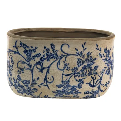 Image de Clayre & Eef Pot de fleurs 22x10x12 cm Bleu Blanc Céramique Fleurs