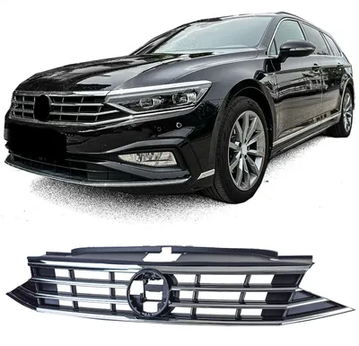 Obrázok produktu pre Športový predný spojler čiernej farby s chrómovanými doplnkami, určený pre model VW Passat typu 3G (B8) po facelifte
