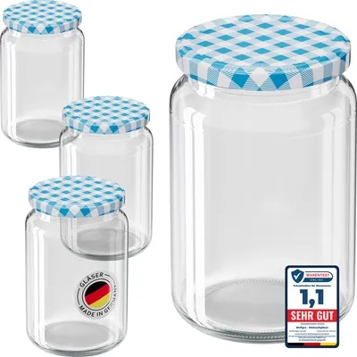 Produktbild von 100x WELLGRO Einmachgläser 635ml Schraubdeckel TO82 blau kariert