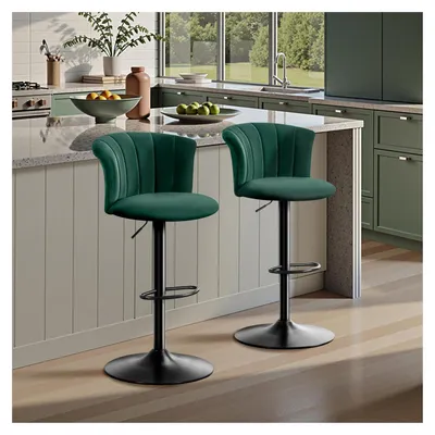 Produktbild von 2er Set Barhocker höhenverstellbar Seidensamtstoff grün 360° drehbar mit Lehne 150kg belastbar