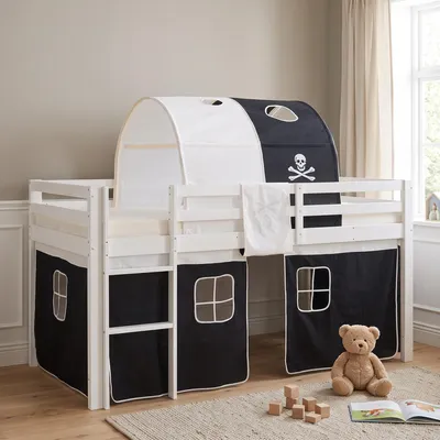 Produktbild von Homestyle4u Hochbett 90x200 Kinder ohne Lattenrost mit Rausfallschutz Weiß Holz Kiefer Vorhang Pirat