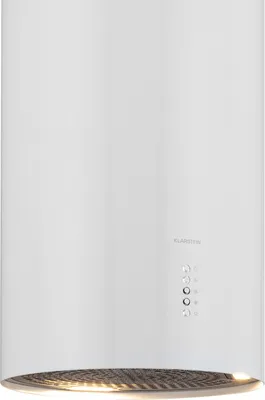 A white cylindrical kitchen hood with control buttons and a lit underside.
