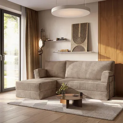 Produktbild von Masseno Ecksofa NOTIA mit Metallgestell, Modulares Schlafsofa aus Schaumstoff, Klappbares Bodensofa, Schlaffunktion - Beige, POSO 02