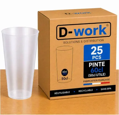 Image de Lot de 25 Verres Gobelets PINTE 60 cl (50 utile), Réutilisable et Recyclable en Polypropylène sans BPA - Translucide - D-Work