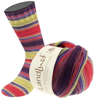 Produktbild von Lana Grossa Landlust DIE SOCKENWOLLE 100 g 4-fach Sockenwolle von Lana Grossa und Landlust 420 m Farbe 127 - Lavendel/Rot/Hell-/Weißgrün Gestreift