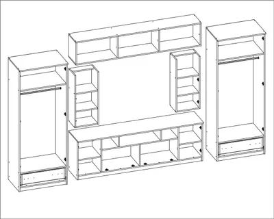 An isometric line drawing of a modular furniture set, including wardrobes, shelves, and a TV lowboard.
