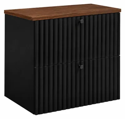 Imagen del producto de Mueble de baño suspendido con tablero de 60 cm, color , y tablero de roble nogal, tiradores en tres colores, dimensiones: 60 x 44,4 x 58,6 cm, Imagen generada por IA